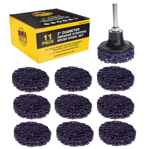 Dura-Gold 11-Piece 2  Diameter Abrasive Stripping Brush Wheel Set - 10 Quick Change Discs with Roll Lock Connection, 1 4  Drill Backing Pad Fashion