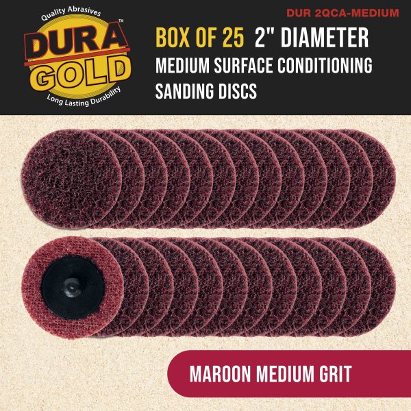 Dura-Gold 2  Diameter Surface Conditioning Discs Maroon Medium Sanding Grit (Box of 25) - R-Type Quick Change Roll Lock Connection For Sale - Image 2