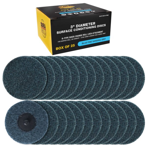 Dura-Gold 3  Diameter Surface Conditioning Discs Blue Fine Sanding Grit (Box of 25) - R-Type Quick Change Roll Lock Connection Fashion