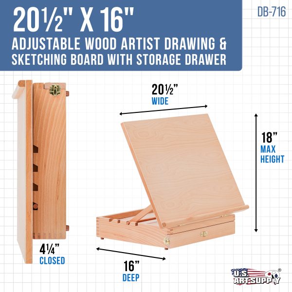 Large 20-1 2  x 16  Adjustable Wood Art Drawing Board - 5 Angles, Beechwood Construction, Pencil Ledge, T-Square, Locking Storage Drawer - Ideal for Design, Drafting & Architecture Discount - Image 2