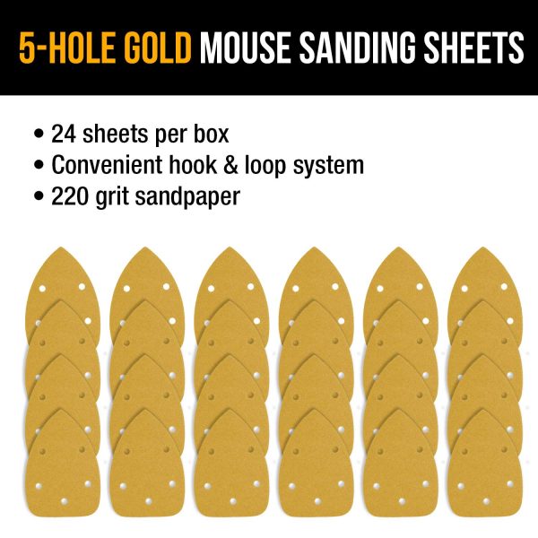 220 Grit - 5-Hole Pattern Hook & Loop Sanding Sheets for Mouse Sanders - Box of 24 Discount - Image 4