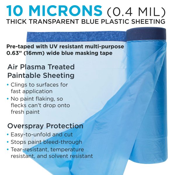 71  Wide x 65  Long Roll of Pure Blue Pre-Taped Masking Film, 3 Pack - Overspray Paintable Plastic Protective Sheeting, Pull Down Drop Sheet For Cheap - Image 3