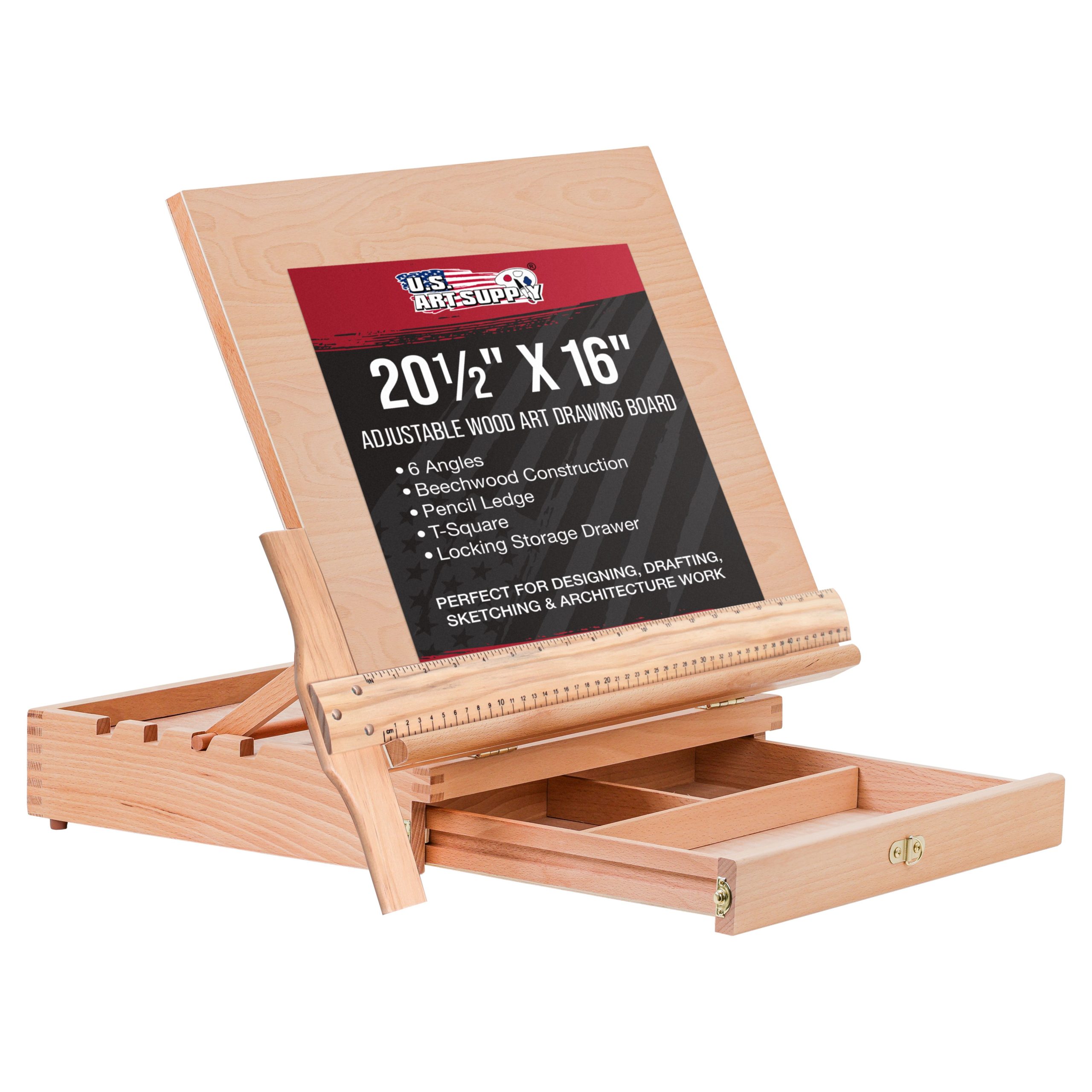 Large 20-1 2  x 16  Adjustable Wood Art Drawing Board – 5 Angles, Beechwood Construction, Pencil Ledge, T-Square, Locking Storage Drawer – Ideal for Design, Drafting & Architecture Discount