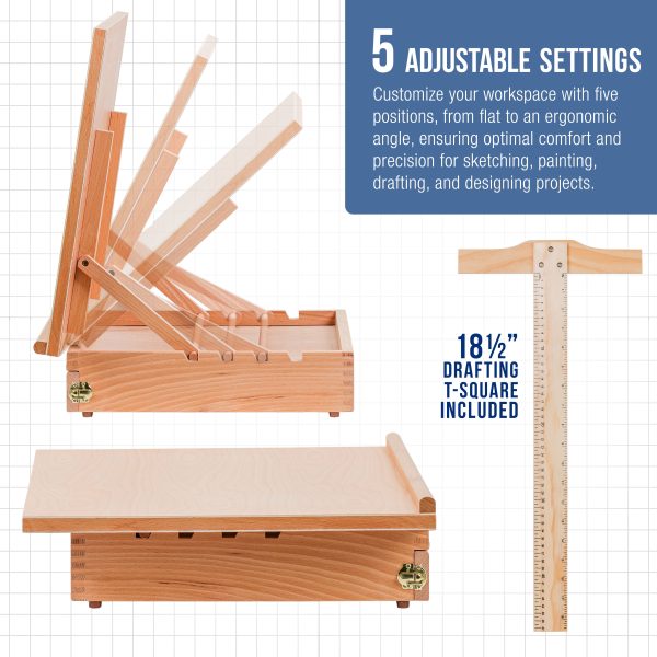Large 20-1 2  x 16  Adjustable Wood Art Drawing Board - 5 Angles, Beechwood Construction, Pencil Ledge, T-Square, Locking Storage Drawer - Ideal for Design, Drafting & Architecture Discount - Image 3