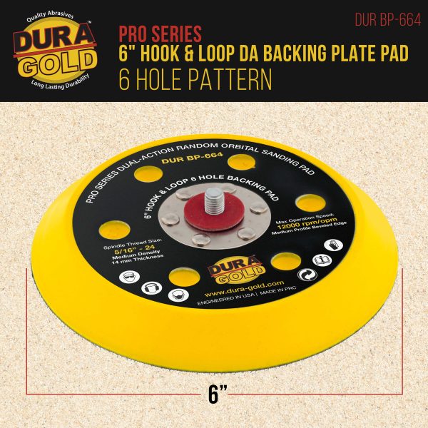 Dura-Gold Pro Series 6  Hook & Loop DA Sander Backing Plate Pad, 6 Hole Pattern, 14mm Medium Profile Edge, Dual-Action Random Orbital Sanding Online Sale - Image 2