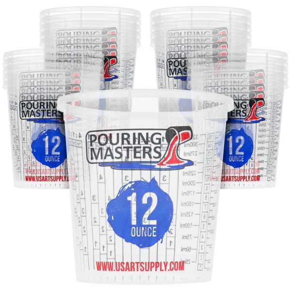 Pouring Masters 12 Ounce (350ml) Graduated Plastic Mixing Cups (Box of 20) - Use for Paint, Resin, Epoxy, Art, Kitchen - Measurements OZ., ML., Ratios For Sale
