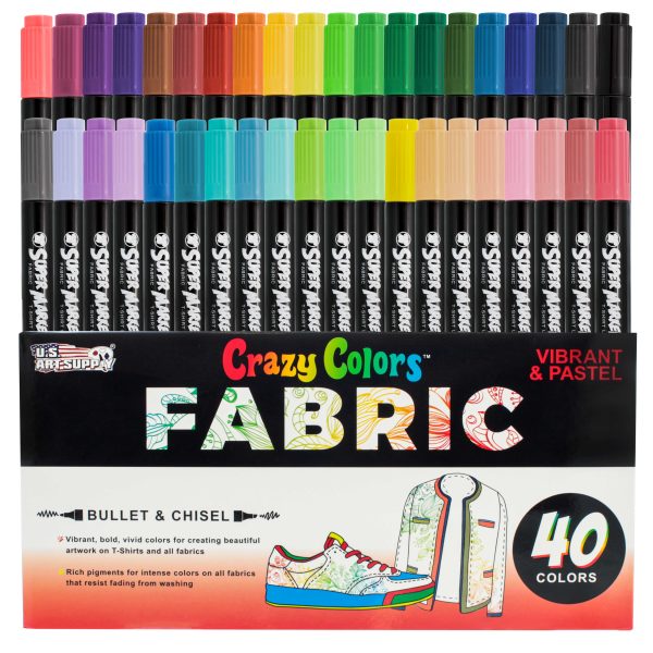 40 Unique Primary & Pastel Colors Dual Tip Fabric & T-Shirt Marker Set - Double-Ended Fabric Markers with Chisel Point and Fine Point Tips Vibrant Ink For Sale