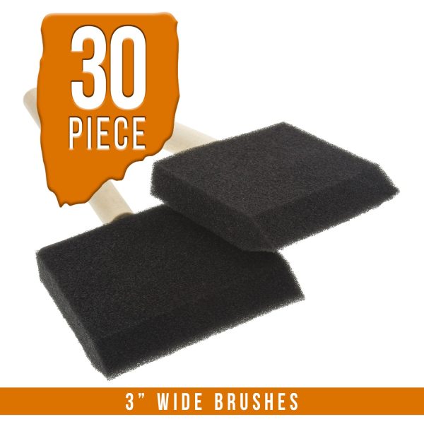 3 inch Foam Sponge Wood Handle Paint Brush Set (Super Value Pack of 30) - Lightweight, durable and great for Acrylics, Stains, Varnishes, Crafts, Art For Discount - Image 2