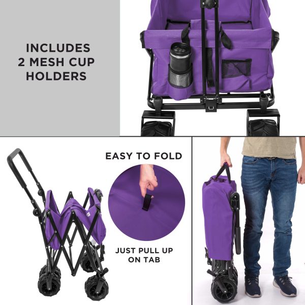 Purple Wide Wheel Wagon All-Terrain Folding Collapsible Utility Wagon with Push Bar - Portable Rolling Heavy Duty 150 Lbs Capacity Canvas Fabric Cart For Discount - Image 5