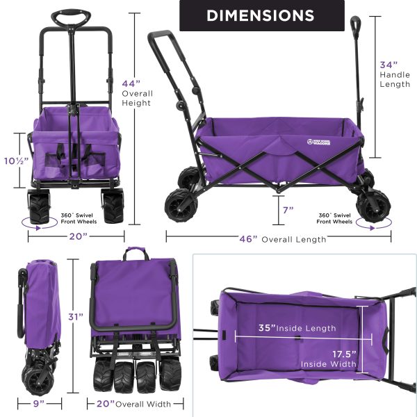 Purple Wide Wheel Wagon All-Terrain Folding Collapsible Utility Wagon with Push Bar - Portable Rolling Heavy Duty 150 Lbs Capacity Canvas Fabric Cart For Discount - Image 3
