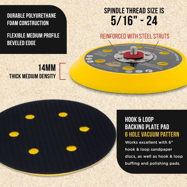Dura-Gold Pro Series 6  Hook & Loop DA Sander Backing Plate Pad, 6 Hole Pattern, 14mm Medium Profile Edge, Dual-Action Random Orbital Sanding Online Sale - Image 3