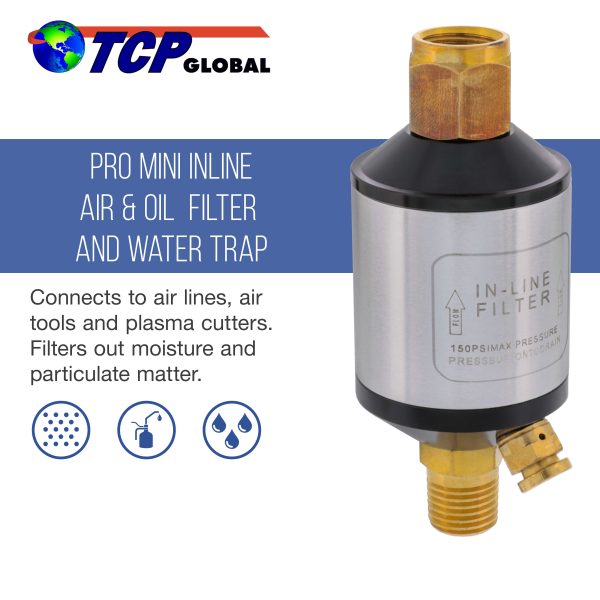 TCP Global Mini In-Line Air Filter, Oil and Water Separator - Aluminum Body with Drain Valve, Water Trap, Air Dryer, Remove Moisture Dirt, Hose, Tools Online Hot Sale - Image 2