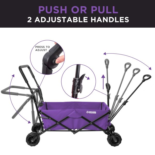 Purple Wide Wheel Wagon All-Terrain Folding Collapsible Utility Wagon with Push Bar - Portable Rolling Heavy Duty 150 Lbs Capacity Canvas Fabric Cart For Discount - Image 4