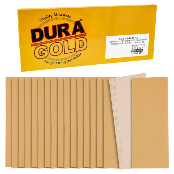 1000 Grit - 1 2 Sheet Size Wood Workers Gold, 4-1 2  x 11  with Hook & Loop Backing - Box of 16 Sheets - Hand Sand Sander Cheap