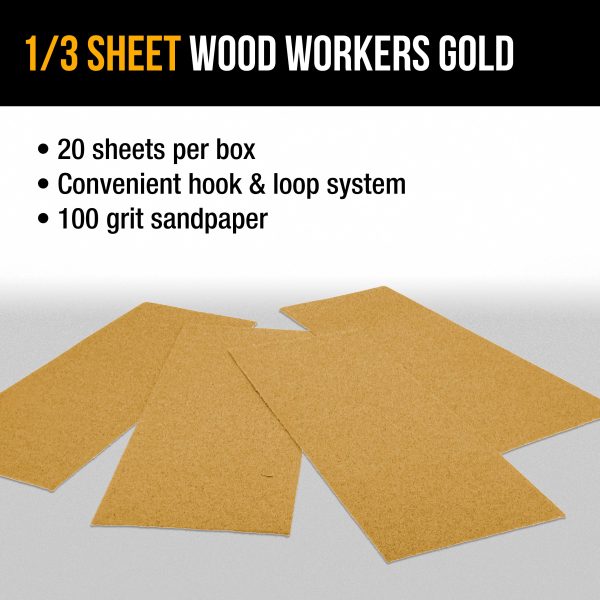 100 Grit - 1 3 Sheet Size Wood Workers Gold, 3-2 3  x 9  with Hook & Loop Backing - Box of 20 Sheets - Jitterbug Sander Online - Image 4