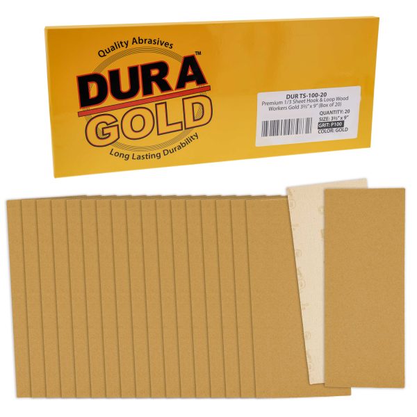 100 Grit - 1 3 Sheet Size Wood Workers Gold, 3-2 3  x 9  with Hook & Loop Backing - Box of 20 Sheets - Jitterbug Sander Online