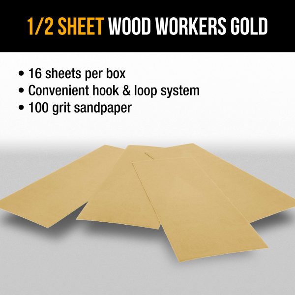 100 Grit - 1 2 Sheet Size Wood Workers Gold, 4-1 2  x 11  with Hook & Loop Backing - Box of 16 Sheets - Hand Sand Sander Online now - Image 4