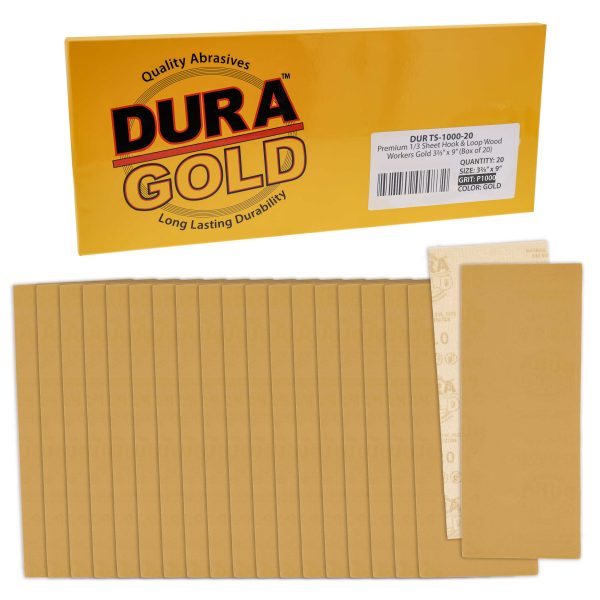 1000 Grit - 1 3 Sheet Size Wood Workers Gold, 3-2 3  x 9  with Hook & Loop Backing - Box of 20 Sheets - Jitterbug Sander Online Sale