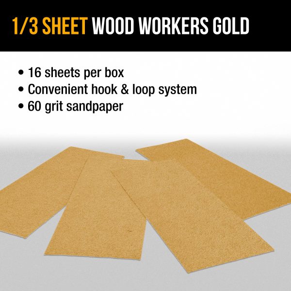 60 Grit - 1 3 Sheet Size Wood Workers Gold, 3-2 3  x 9  with Hook & Loop Backing - Box of 16 Sheets - Jitterbug Sander Online now - Image 4